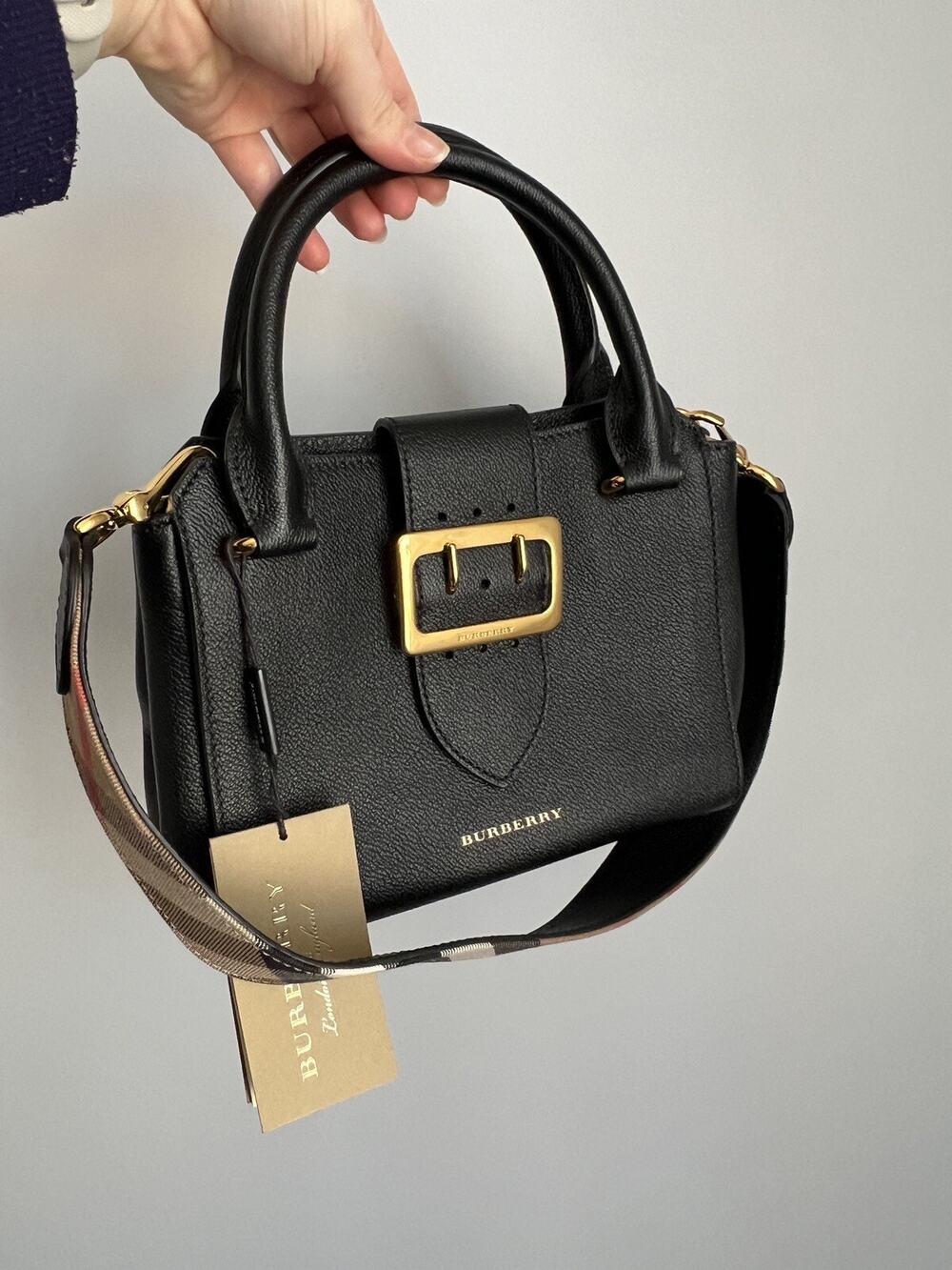 Burberry Black Grainy Leather Small Buckle Tote Bag